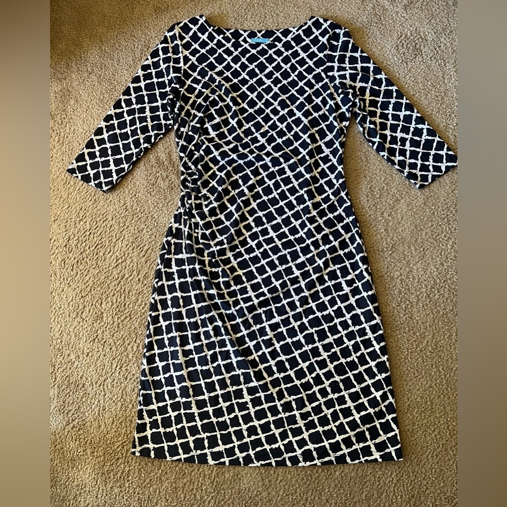 J. McLaughlin Navy White Printed Rouched Side Detail Catalina Cloth Midi Dress L